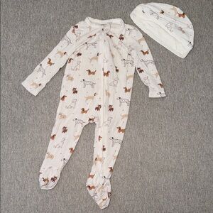 Little Me Cream Puppy Print Footed One-Piece with Hat